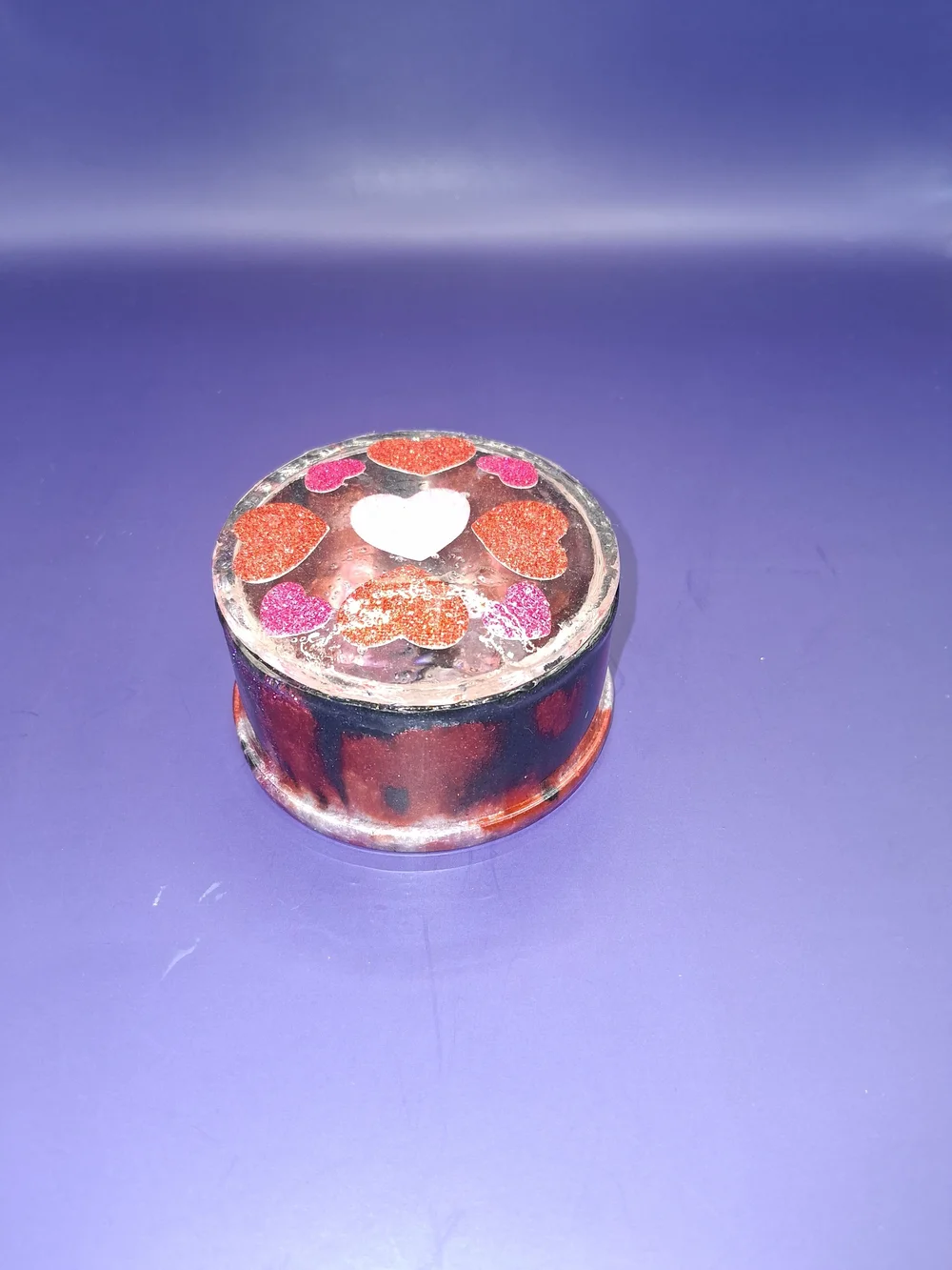Handmade Round Trinket Box with Red Glitter Heart Accents